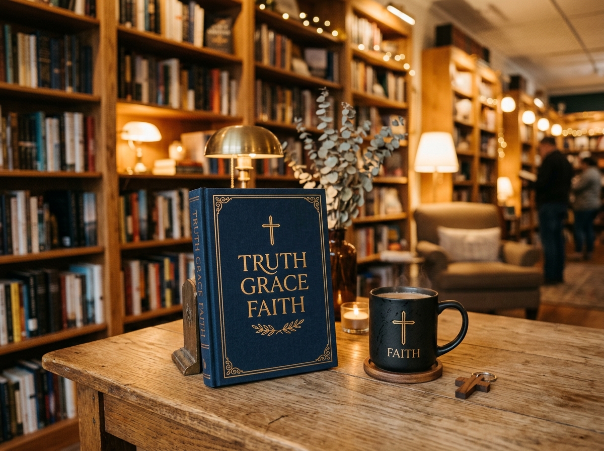 Truth Grace Faith book and faith coffee mug on a desk